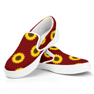 Burgundy Sunflower Pattern Print White Slip On Shoes