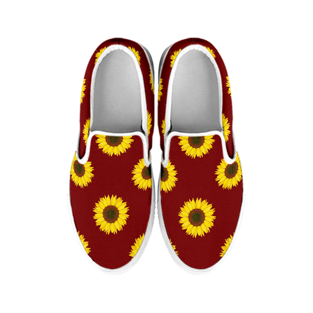 Burgundy Sunflower Pattern Print White Slip On Shoes