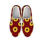 Burgundy Sunflower Pattern Print White Slip On Shoes