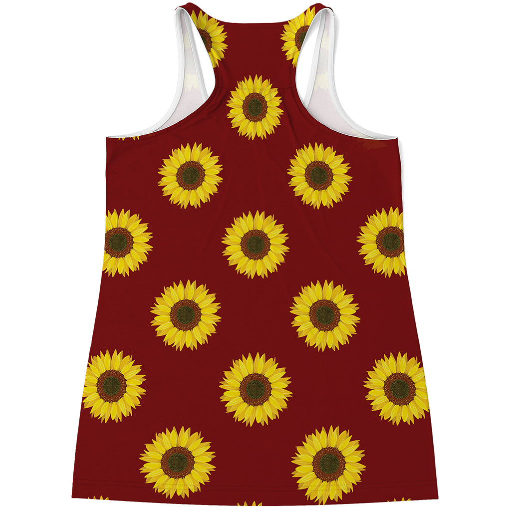 Burgundy Sunflower Pattern Print Women's Racerback Tank Top