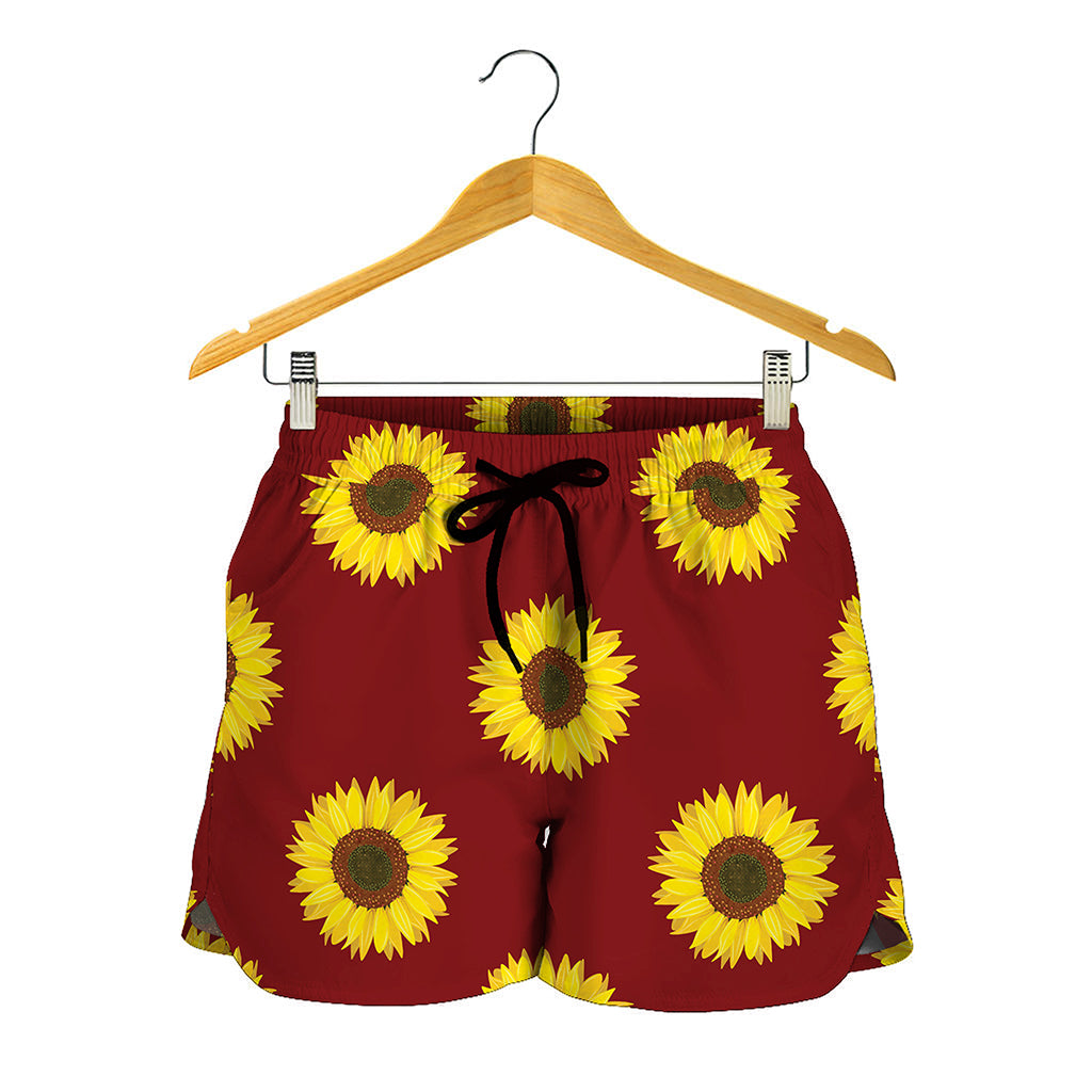 Burgundy Sunflower Pattern Print Women's Shorts