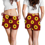 Burgundy Sunflower Pattern Print Women's Shorts