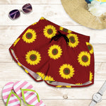 Burgundy Sunflower Pattern Print Women's Shorts