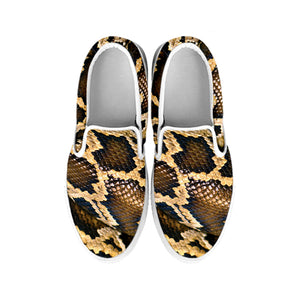 Burmese Python Snake Print White Slip On Shoes