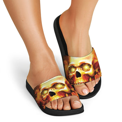 Burning Evil Skull Print Black Slide Sandals
