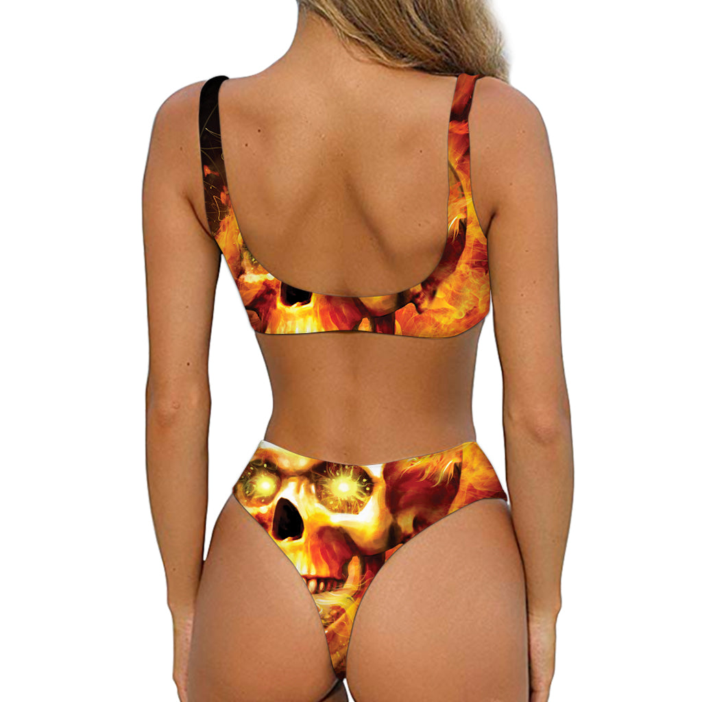 Burning Evil Skull Print Front Bow Tie Bikini