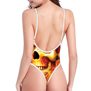 Burning Evil Skull Print High Cut One Piece Swimsuit