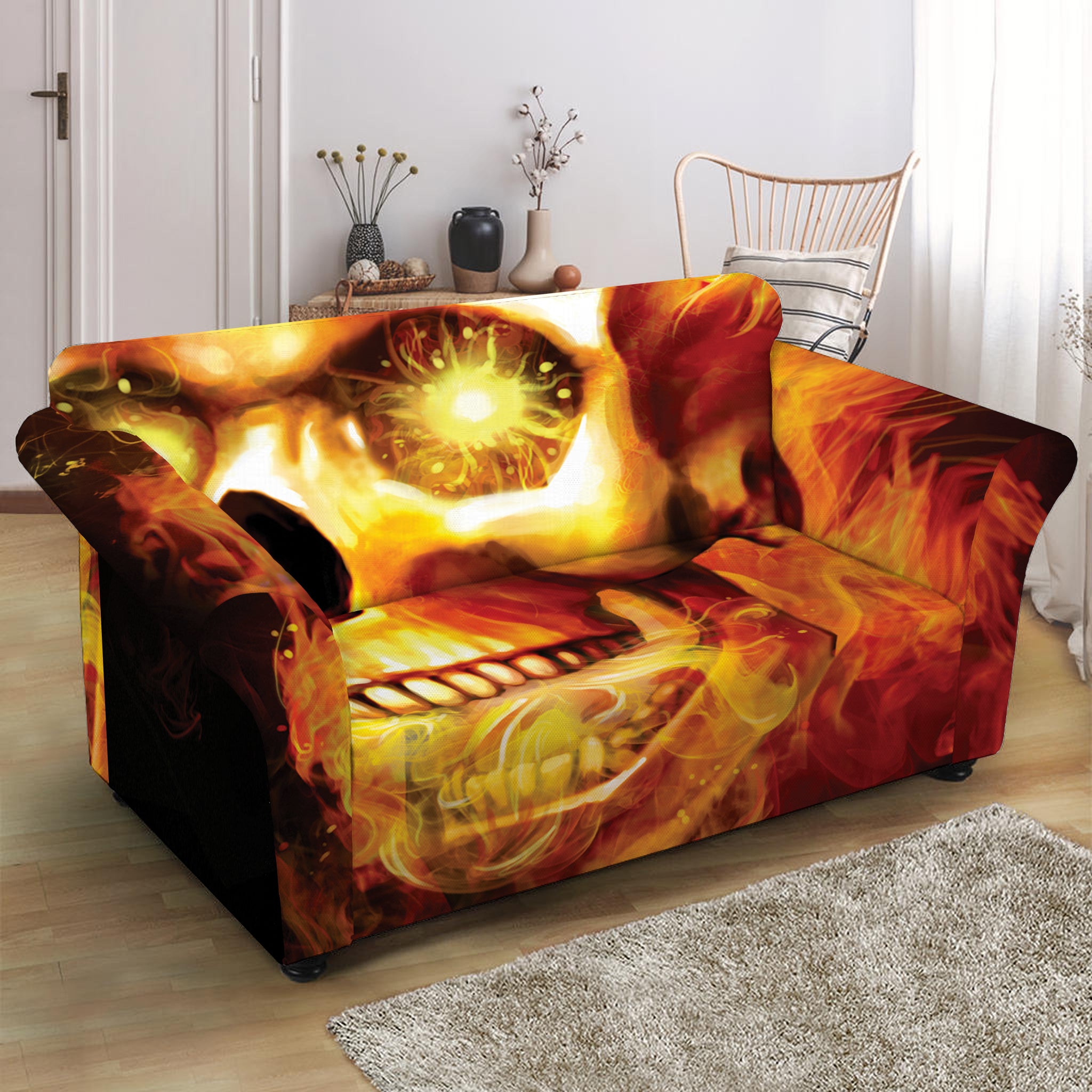 Burning Evil Skull Print Loveseat Slipcover