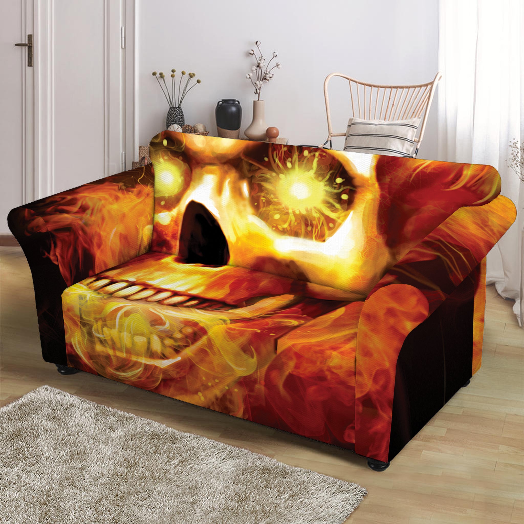 Burning Evil Skull Print Loveseat Slipcover