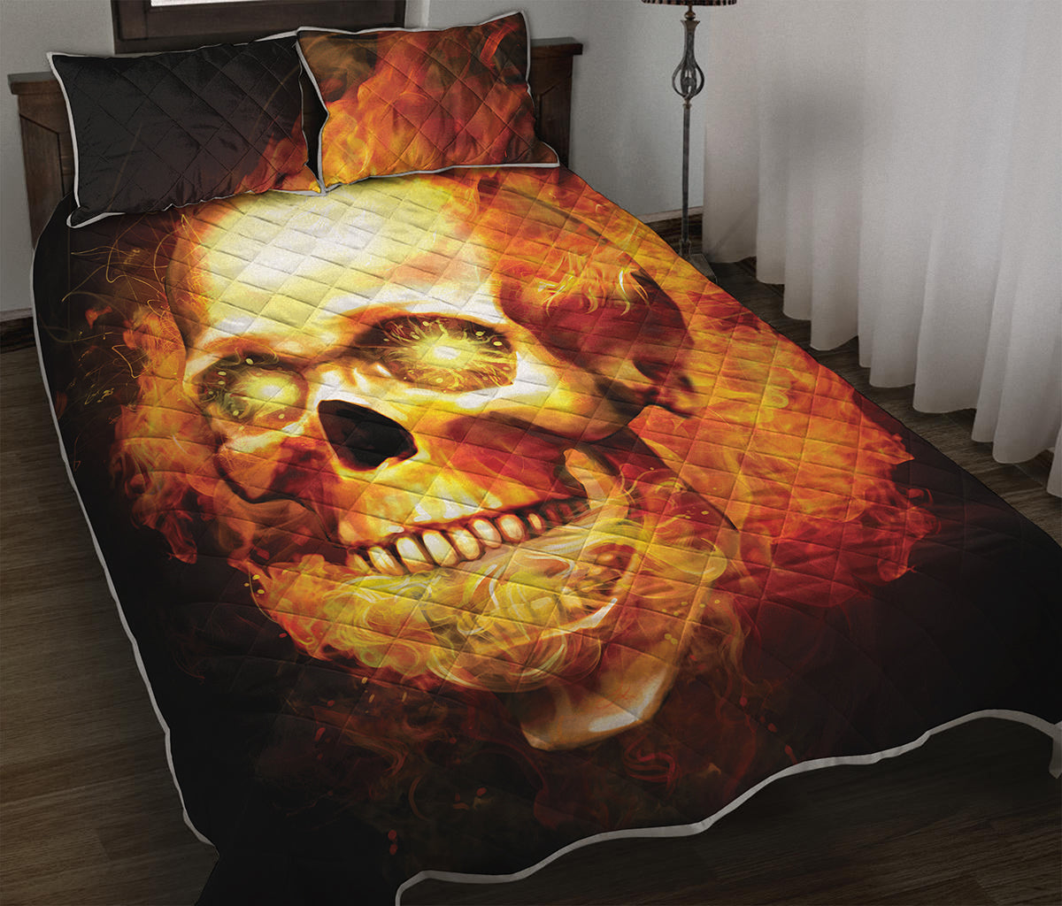 Burning Evil Skull Print Quilt Bed Set