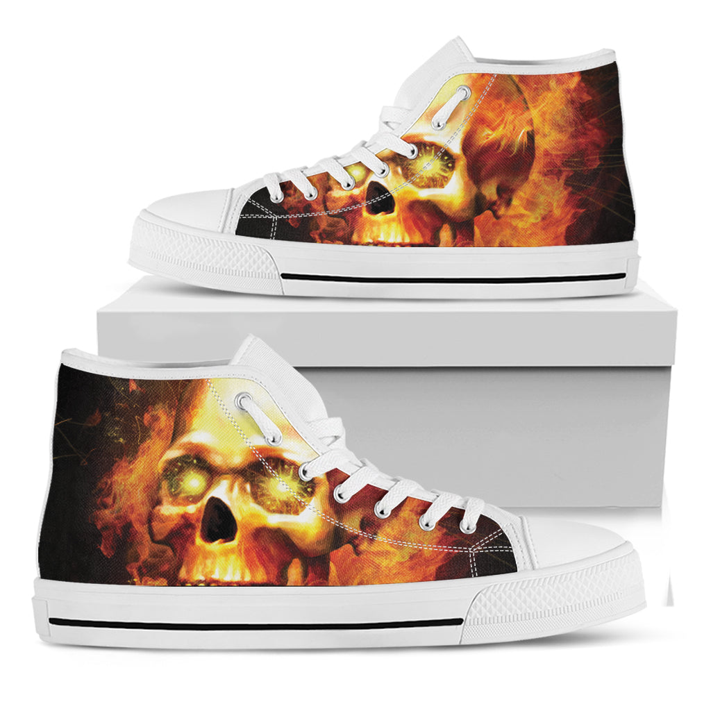 Burning Evil Skull Print White High Top Shoes