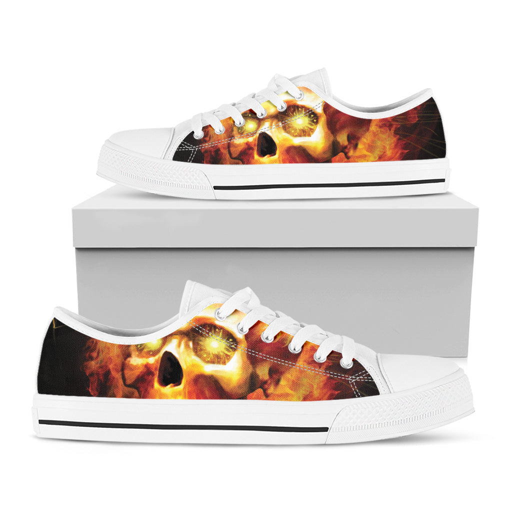 Burning Evil Skull Print White Low Top Shoes