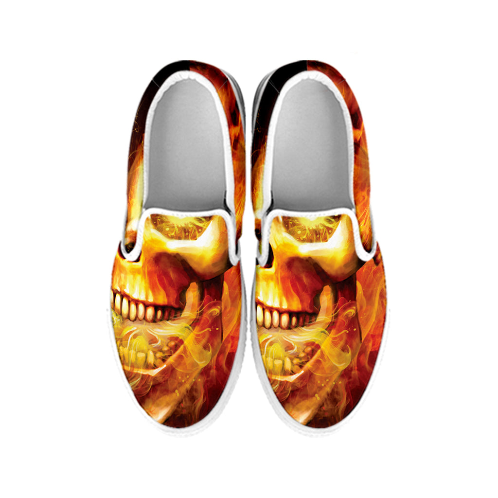 Burning Evil Skull Print White Slip On Shoes