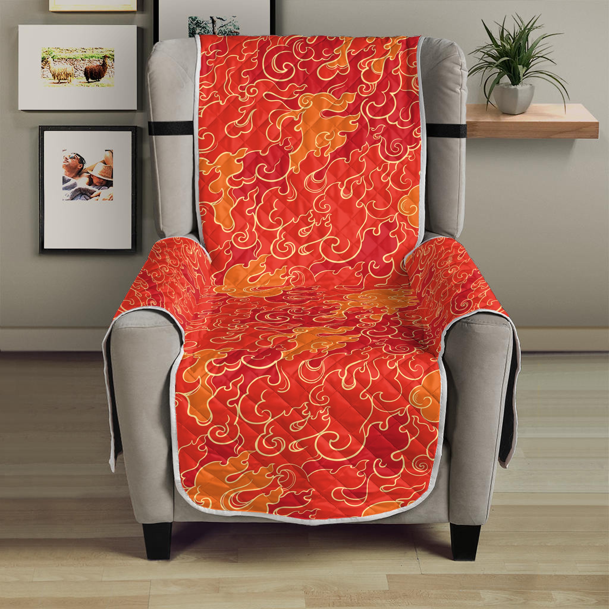 Burning Japanese Flame Pattern Print Armchair Protector