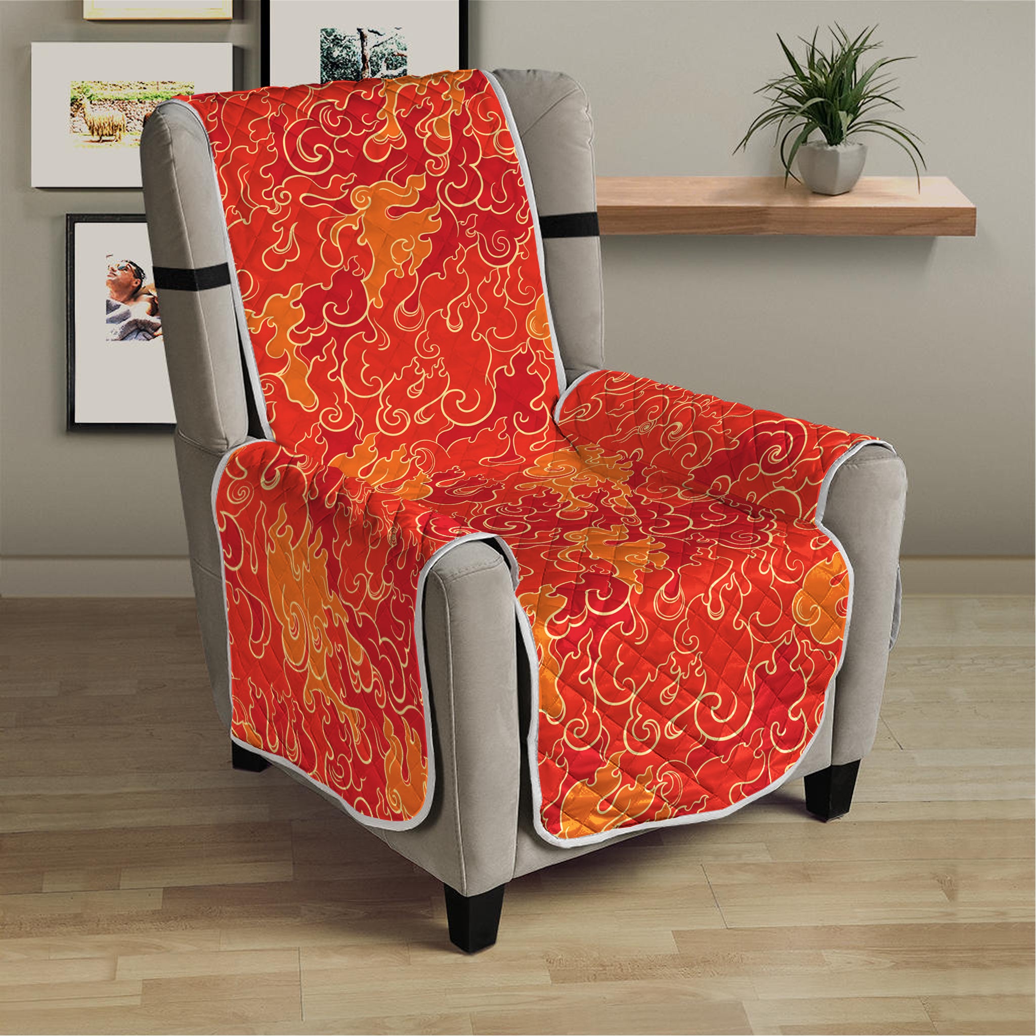 Burning Japanese Flame Pattern Print Armchair Protector