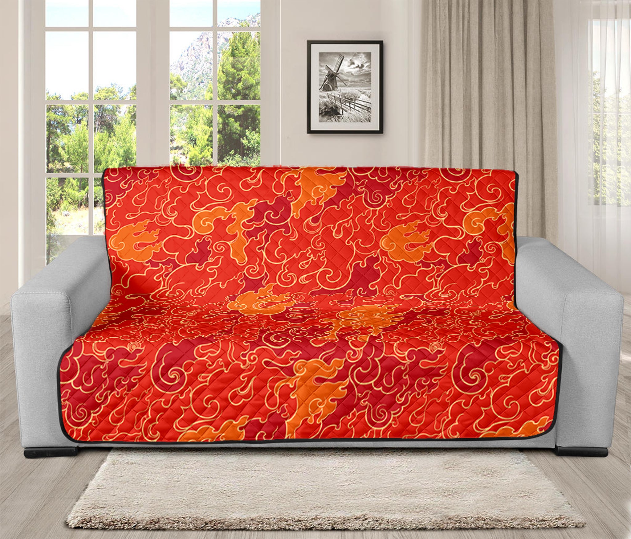 Burning Japanese Flame Pattern Print Futon Protector