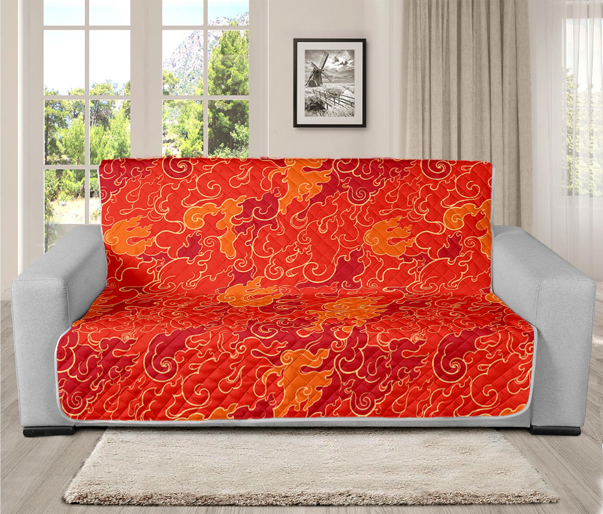 Burning Japanese Flame Pattern Print Futon Protector