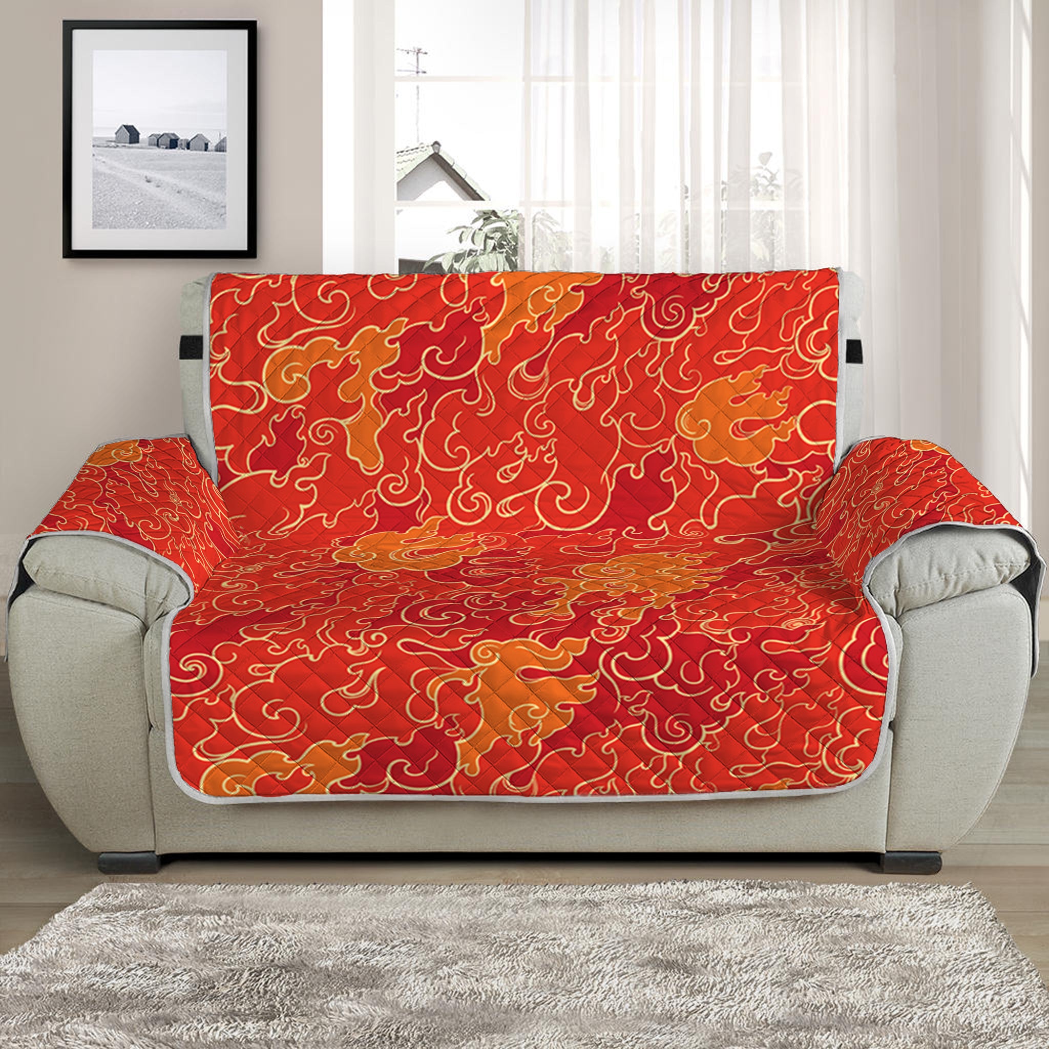 Burning Japanese Flame Pattern Print Half Sofa Protector