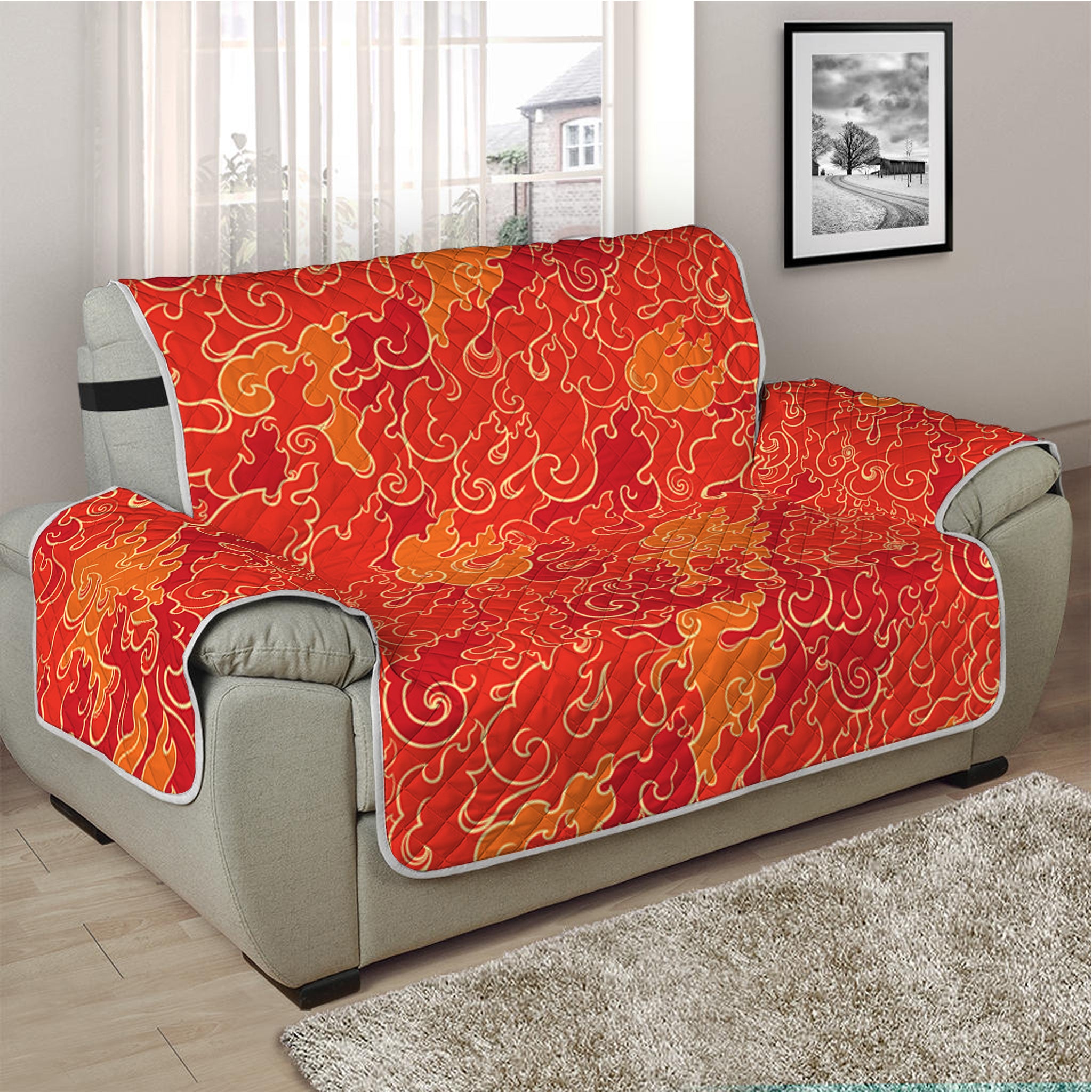 Burning Japanese Flame Pattern Print Half Sofa Protector