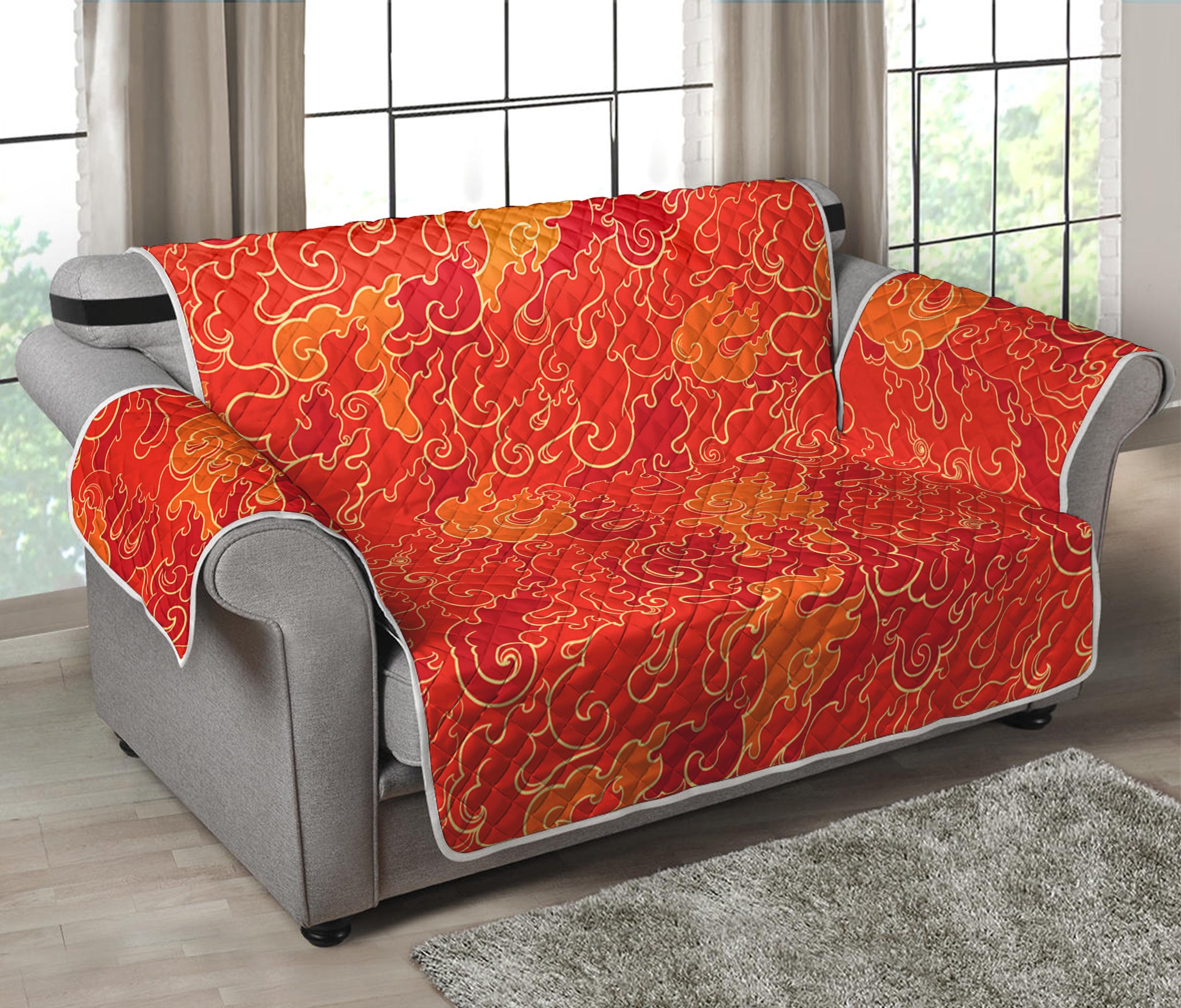 Burning Japanese Flame Pattern Print Loveseat Protector