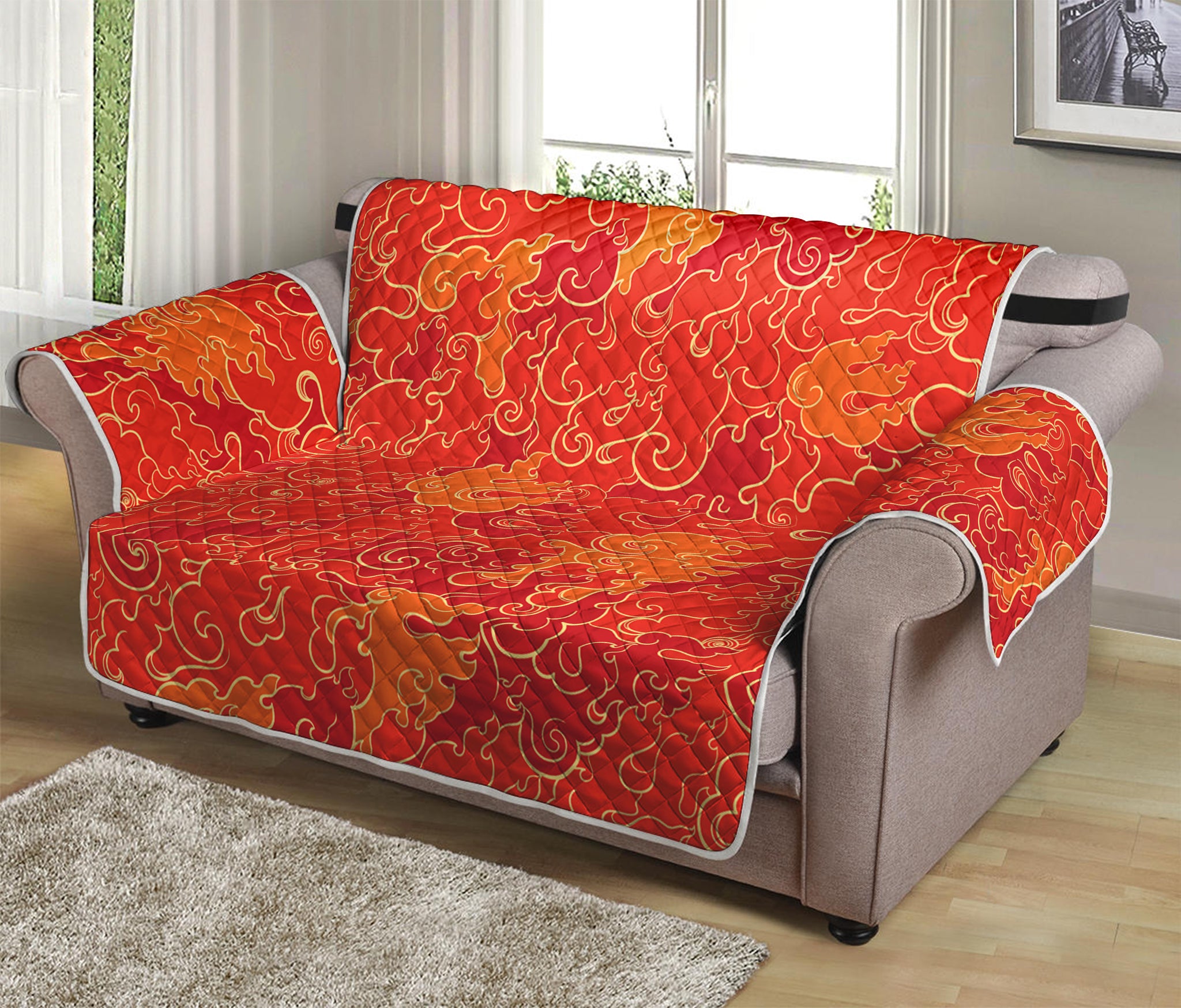 Burning Japanese Flame Pattern Print Loveseat Protector