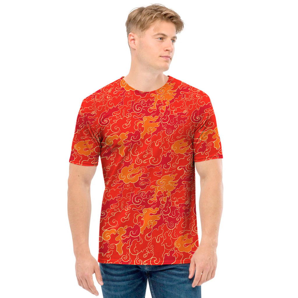 Burning Japanese Flame Pattern Print Men's T-Shirt