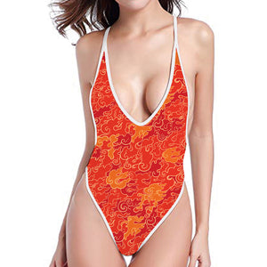 Burning Japanese Flame Pattern Print One Piece High Cut Swimsuit