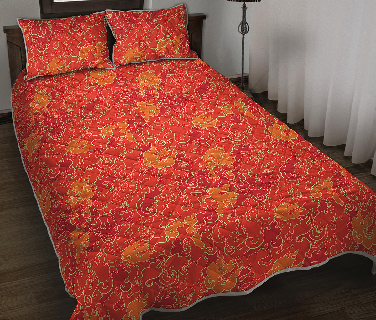 Burning Japanese Flame Pattern Print Quilt Bed Set