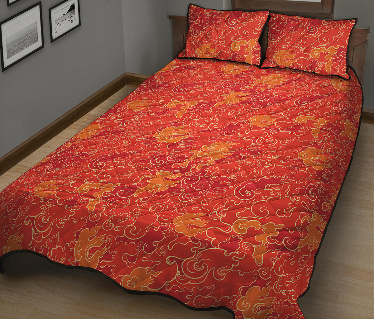 Burning Japanese Flame Pattern Print Quilt Bed Set