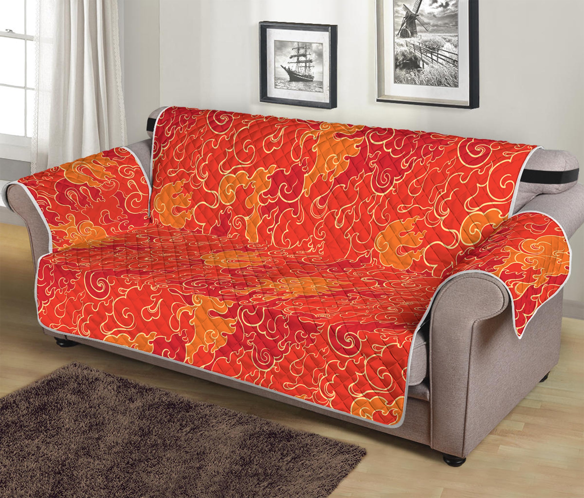 Burning Japanese Flame Pattern Print Sofa Protector