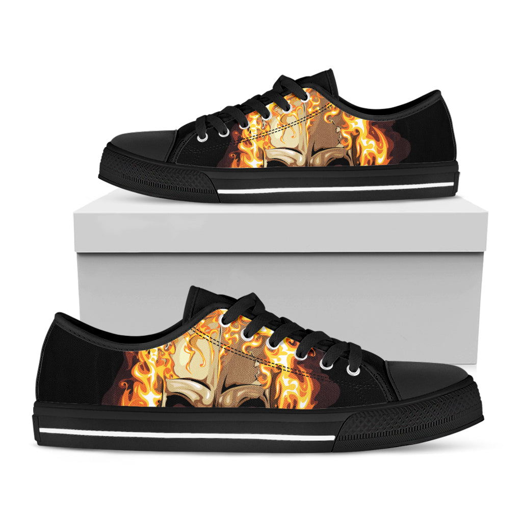 Burning Skull Print Black Low Top Shoes 