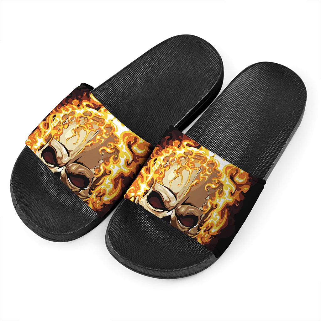 Burning Skull Print Black Slide Sandals