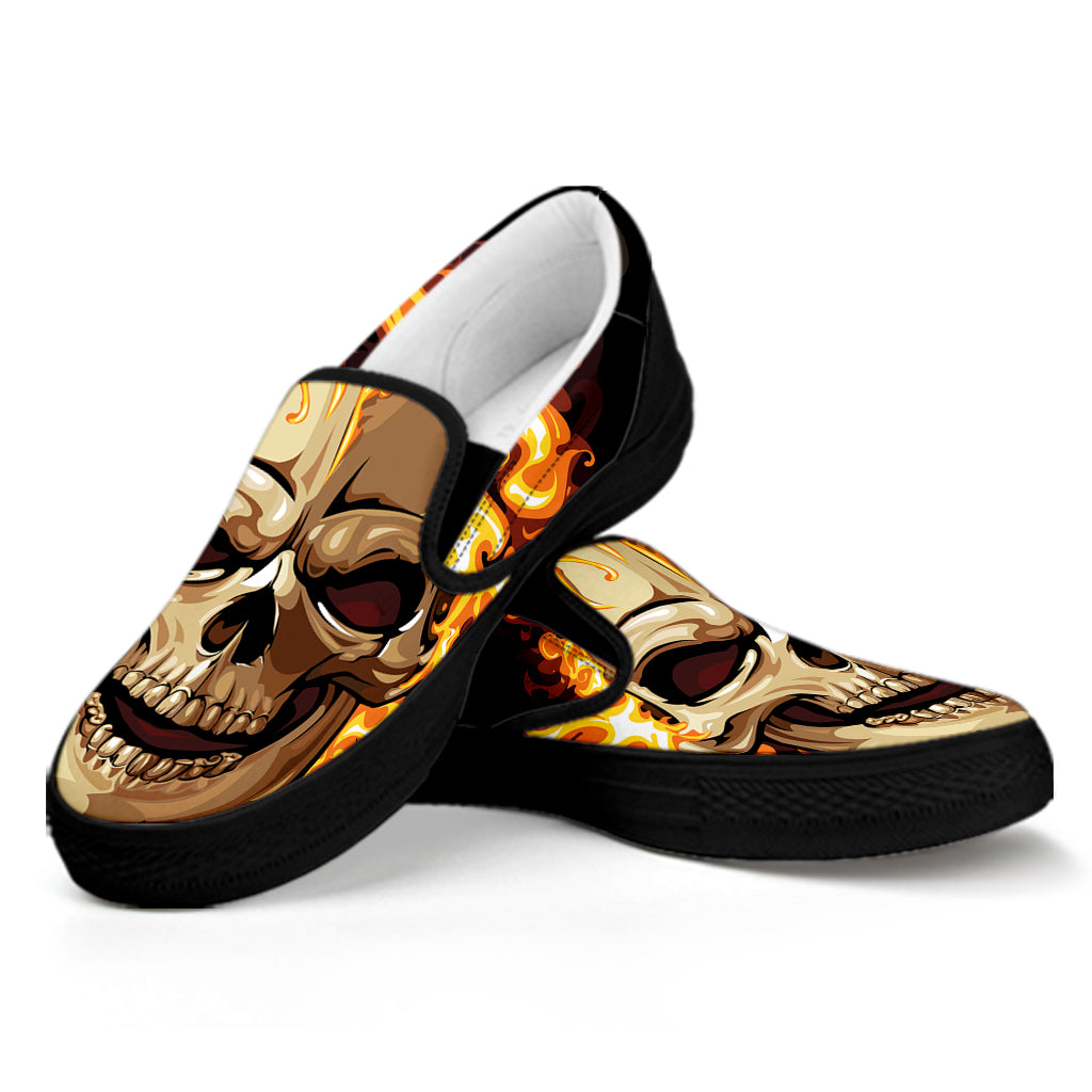 Burning Skull Print Black Slip On Shoes