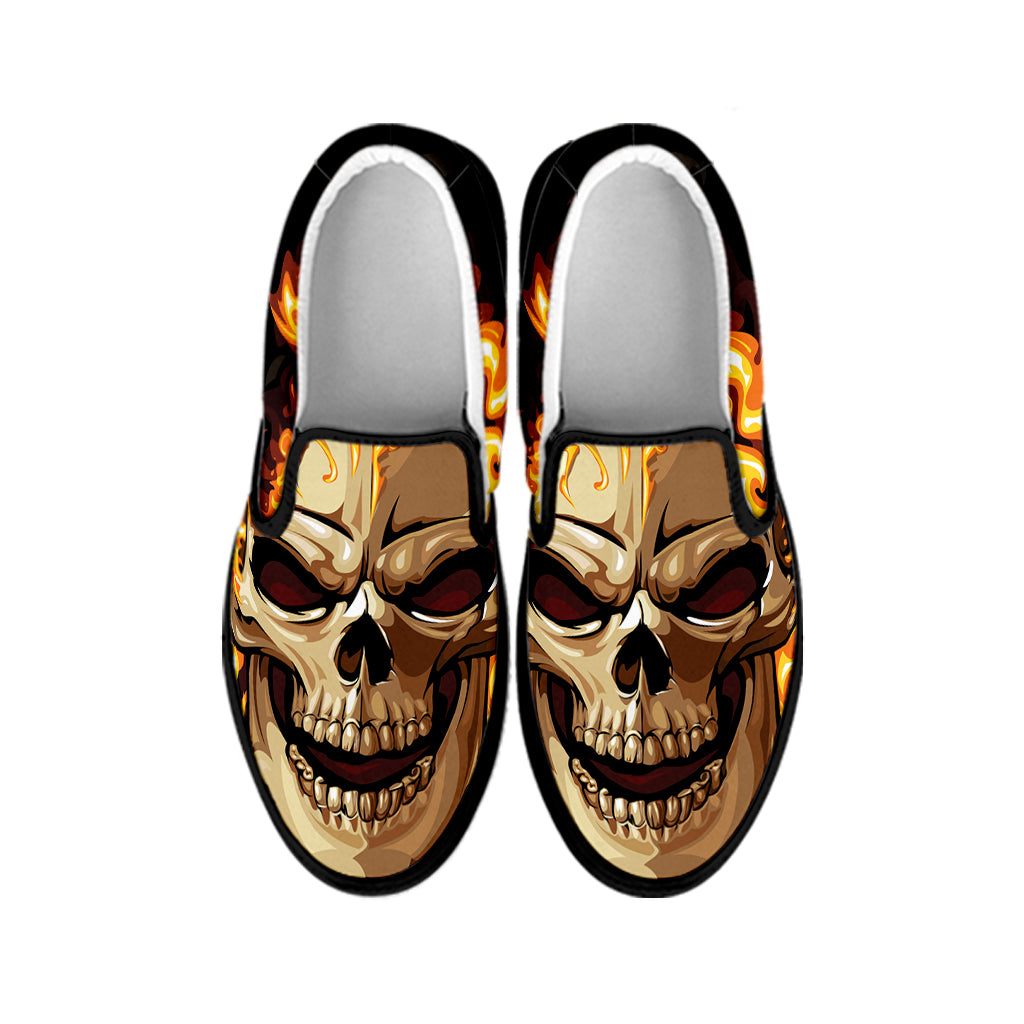 Burning Skull Print Black Slip On Shoes