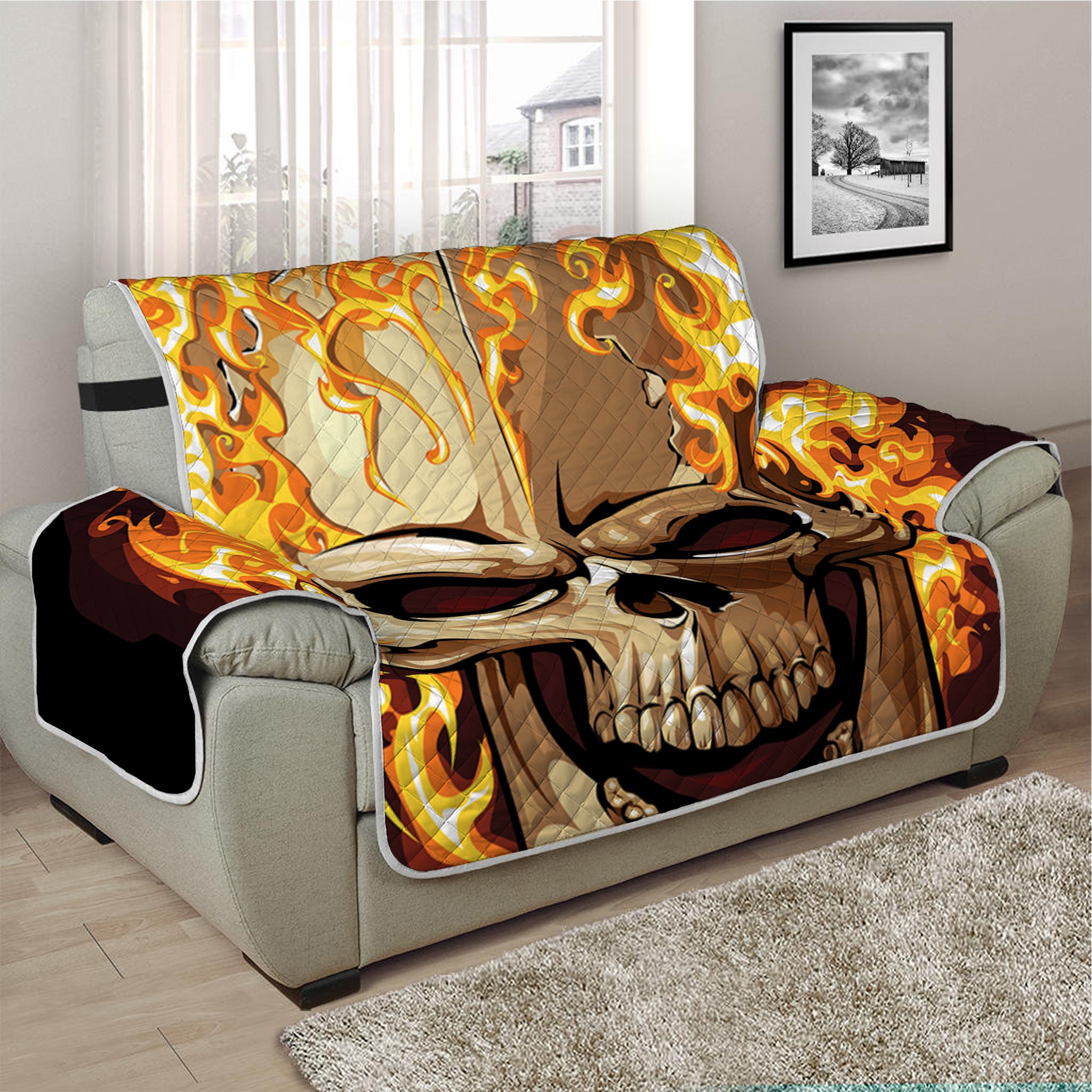 Burning Skull Print Half Sofa Protector