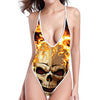 Burning Skull Print High Cut One Piece Swimsuit