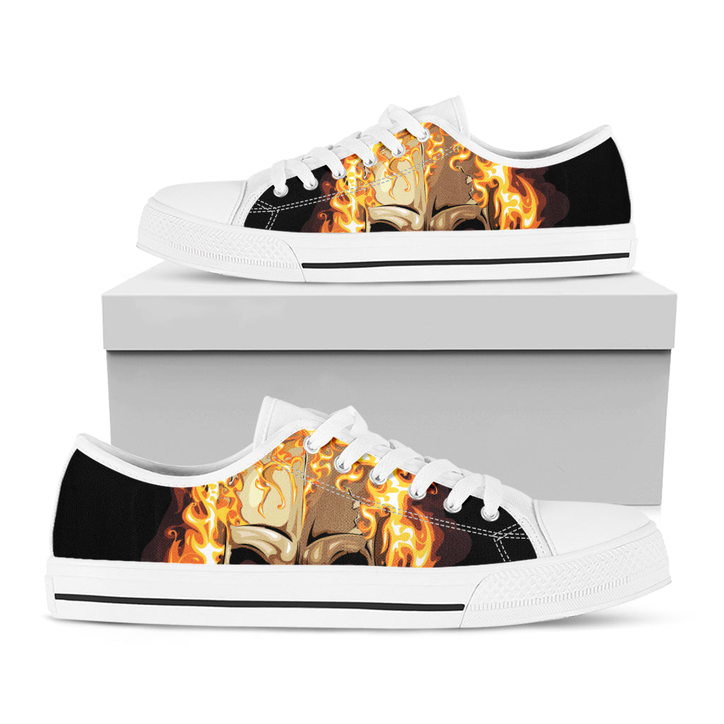 Burning Skull Print White Low Top Shoes