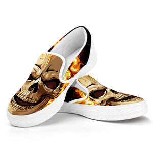 Burning Skull Print White Slip On Shoes