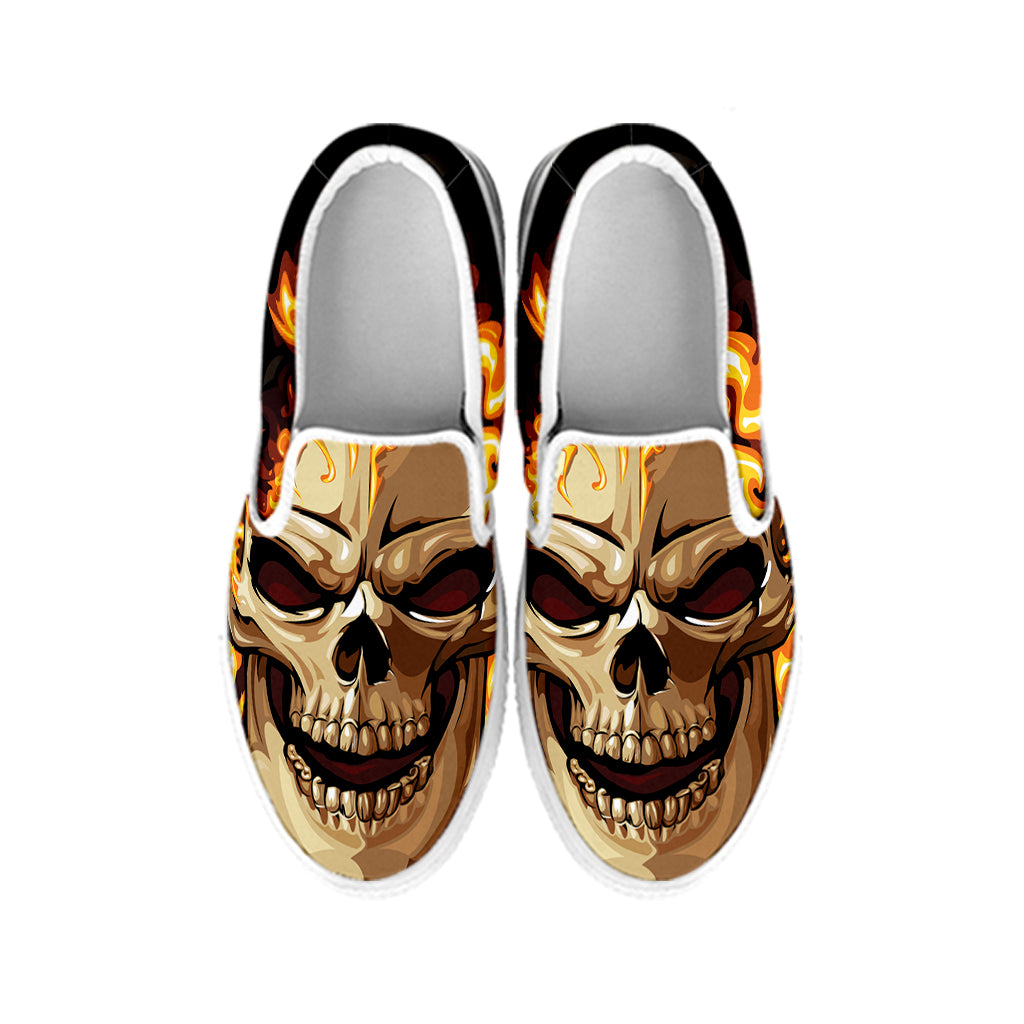 Burning Skull Print White Slip On Shoes