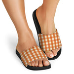 Burnt Orange And White Check Print Black Slide Sandals