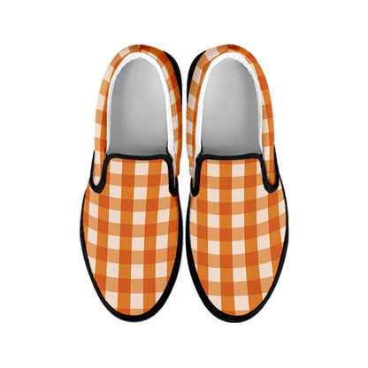 Burnt Orange And White Check Print Black Slip On Shoes