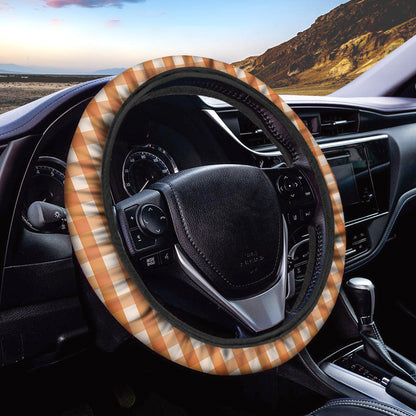Burnt Orange And White Check Print Car Steering Wheel Cover