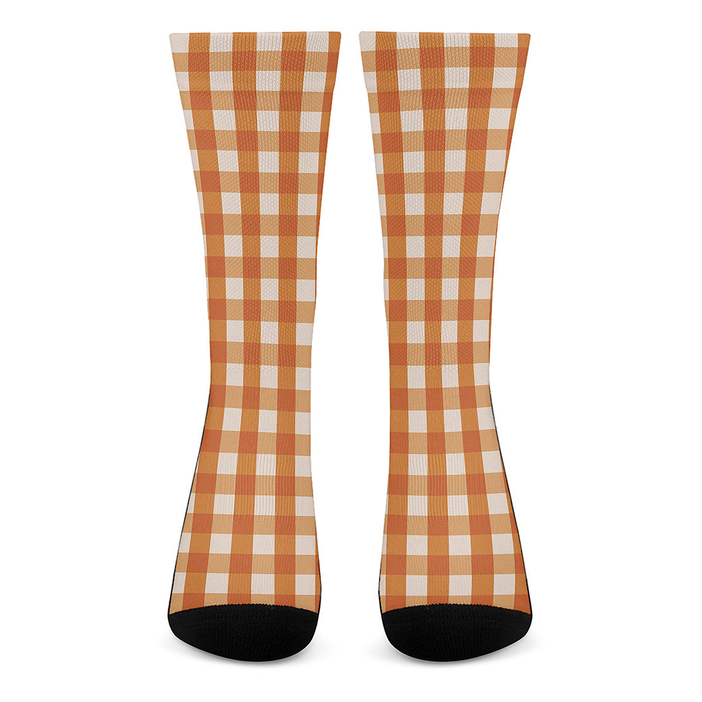 Burnt Orange And White Check Print Crew Socks