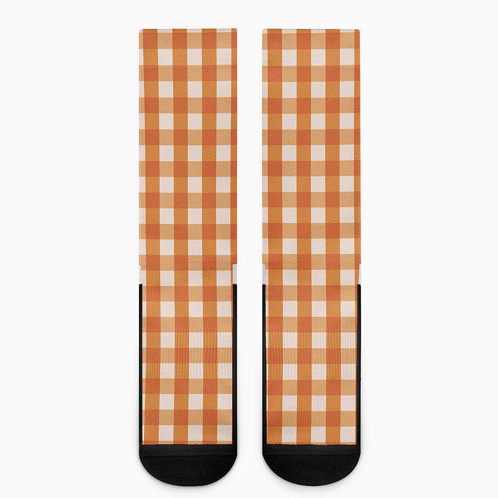 Burnt Orange And White Check Print Crew Socks