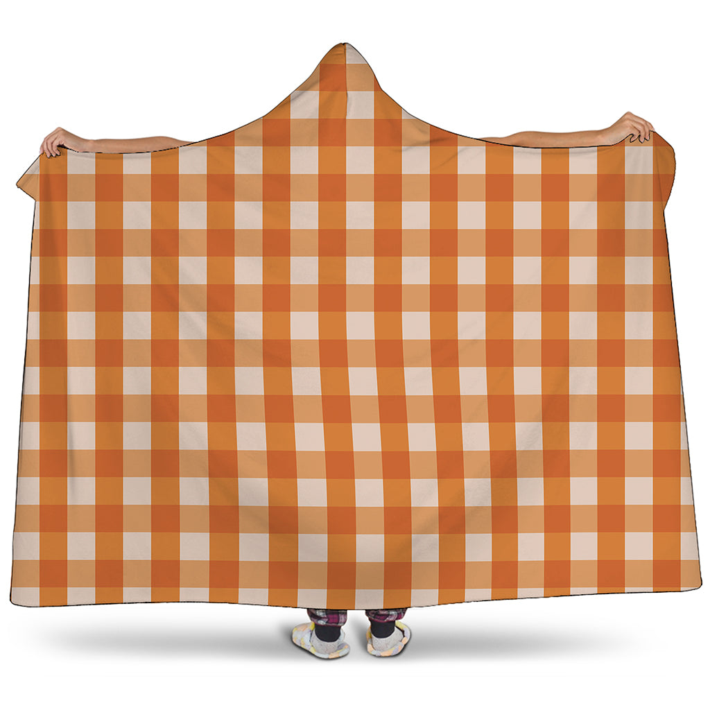 Burnt Orange And White Check Print Hooded Blanket