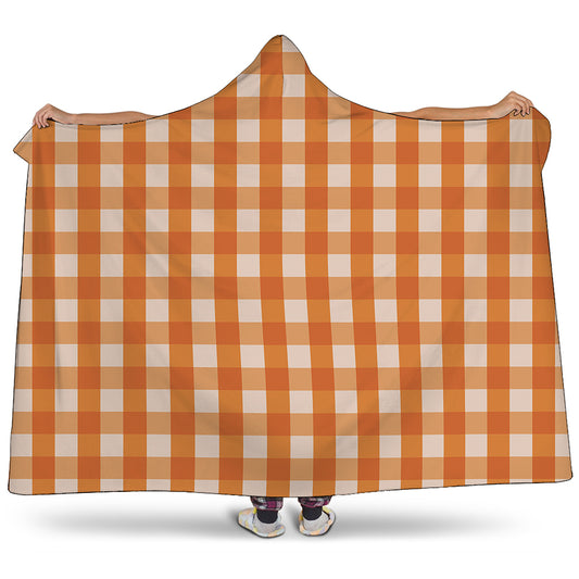 Burnt Orange And White Check Print Hooded Blanket