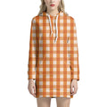 Burnt Orange And White Check Print Pullover Hoodie Dress