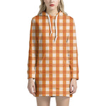 Burnt Orange And White Check Print Hoodie Dress