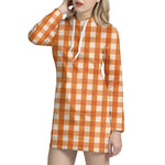 Burnt Orange And White Check Print Hoodie Dress