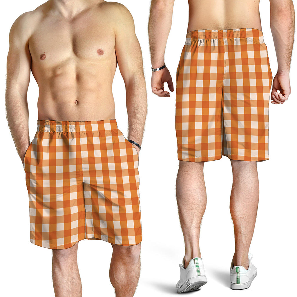 Burnt Orange And White Check Print Men's Shorts